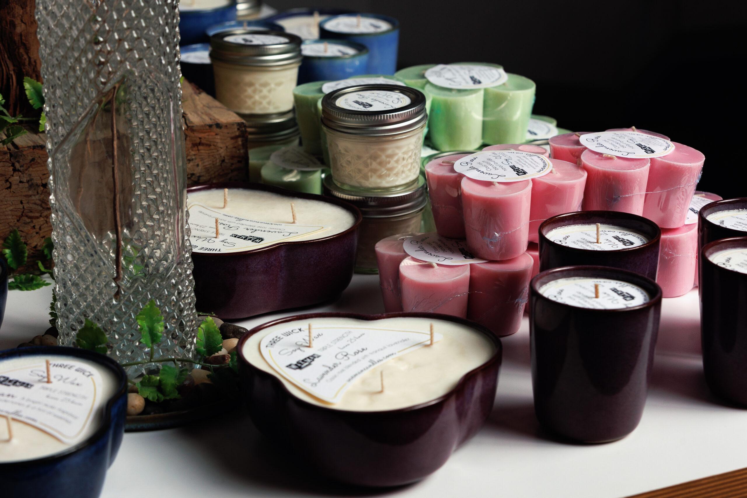 Soy wax candles in retail display.